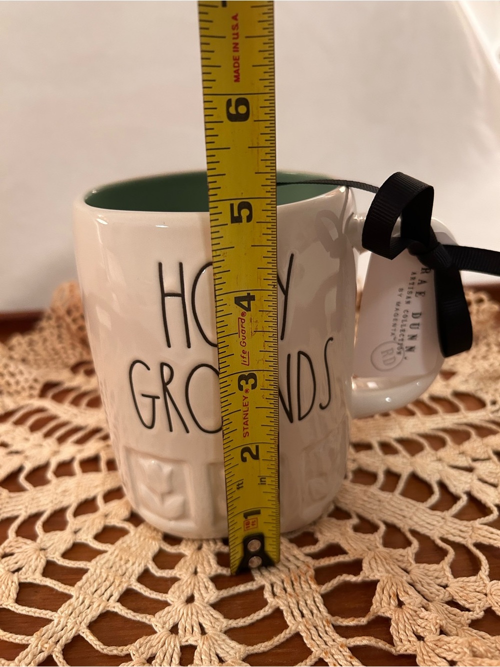 NWT Rae Dunn Cream Mug with Green Interior — "HOLY GROUNDS" - Picture 7 of 10